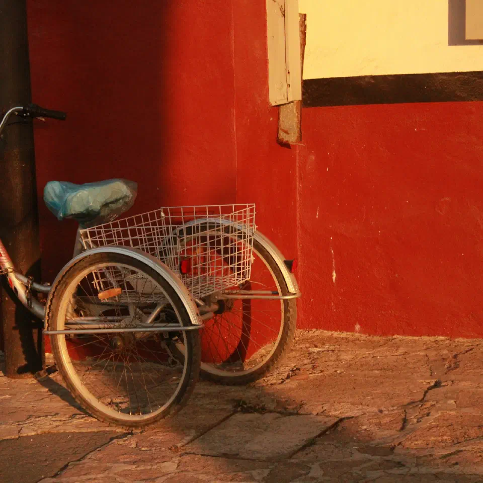 Un tricycle à grand panier arrière garé contre un mur rouge.